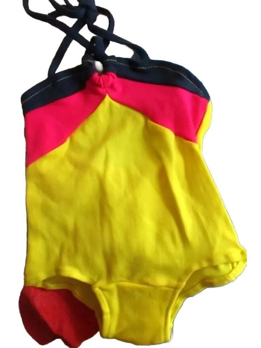 NEW Vintage Girls Swimsuit Size 2 Colorblock Nylon Yellow Pink Black Halter Neck
